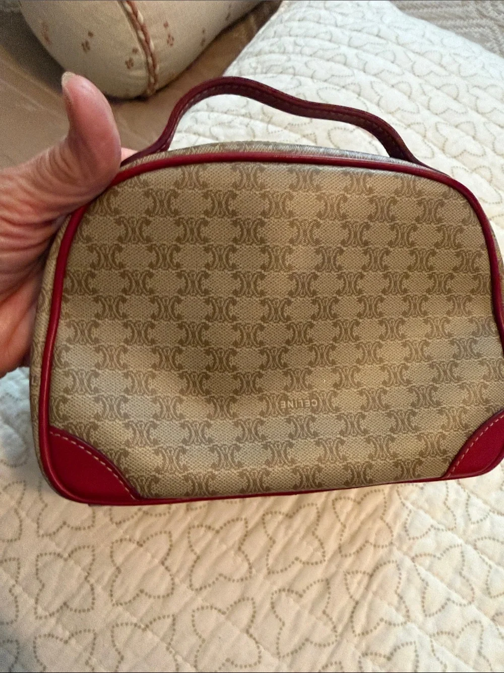 Celine Beige Monogram Cosmetic Case with Red Trim